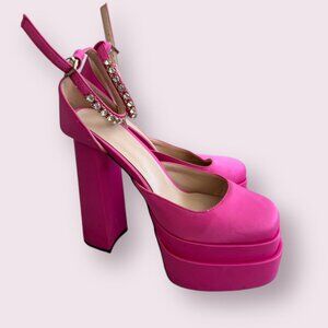 PINK Satin Platform Ankle Strap Heels Size 37 / US 7